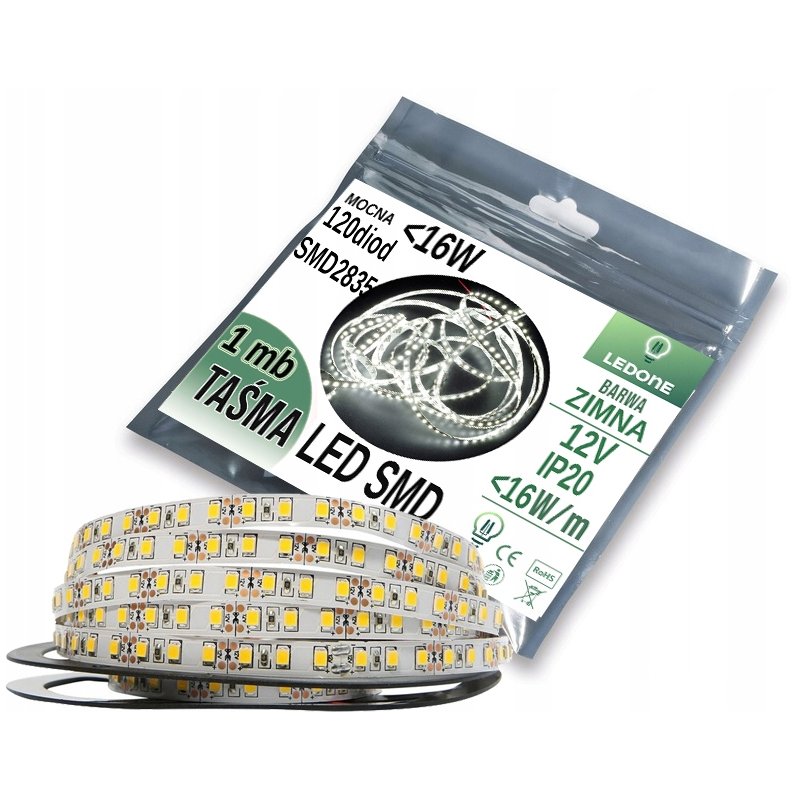 MOCNA 16W Taśma LED PREMIUM 2835 600 IP20 ZIMNA 1m