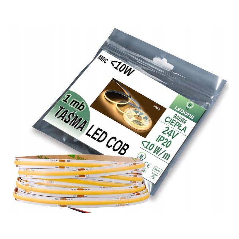 Taśma LED COB 24V 10W 480 diod na metr Neon Ciepły 1m cięta z rolki 50m