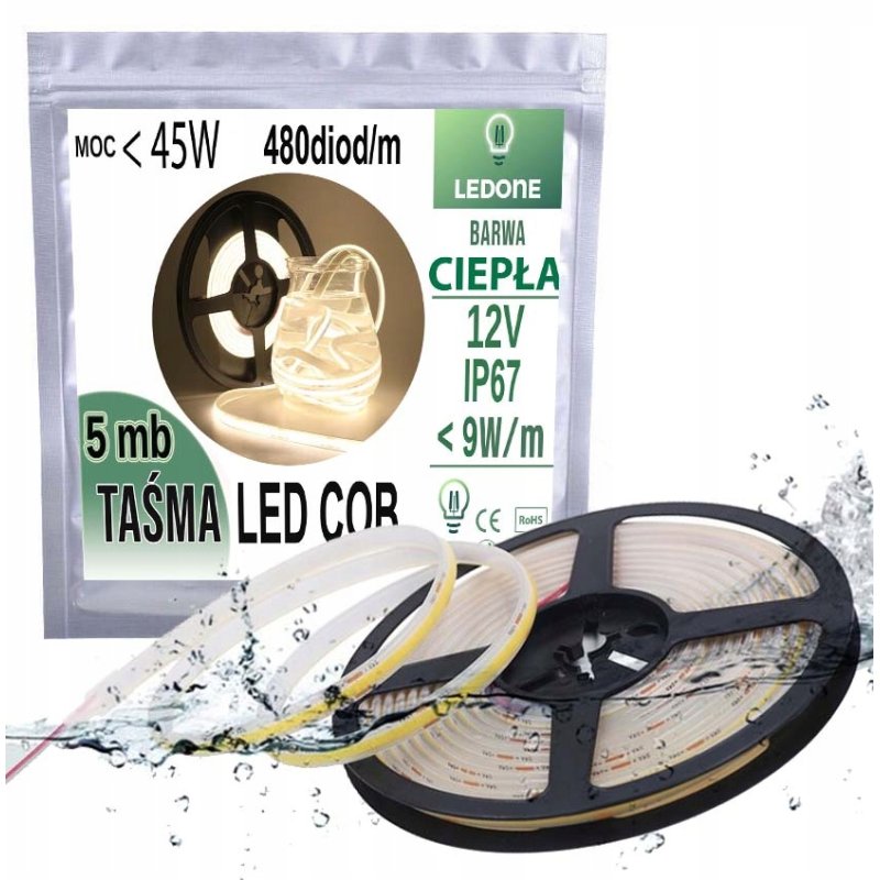 TAŚMA termococon LED COB 12V WODOODPORNA IP67 CIEPŁY LINIA ŚWIATŁA WW 5M
