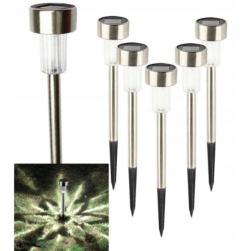 Zestaw 6x Lampka ogrodowa SOLARNA mała Inox LAMPA wbijana LED barwa ZIMNA