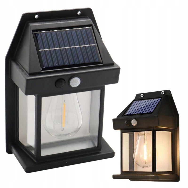 KINKIET SOLARNY Lampka ścienna SOLARNA z żarówką Filament LED ciepły z PIR