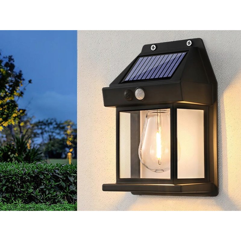 KINKIET SOLARNY Lampka ścienna SOLARNA z żarówką Filament LED ciepły z PIR