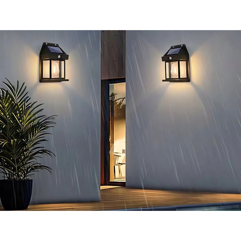 KINKIET SOLARNY Lampka ścienna SOLARNA z żarówką Filament LED ciepły z PIR
