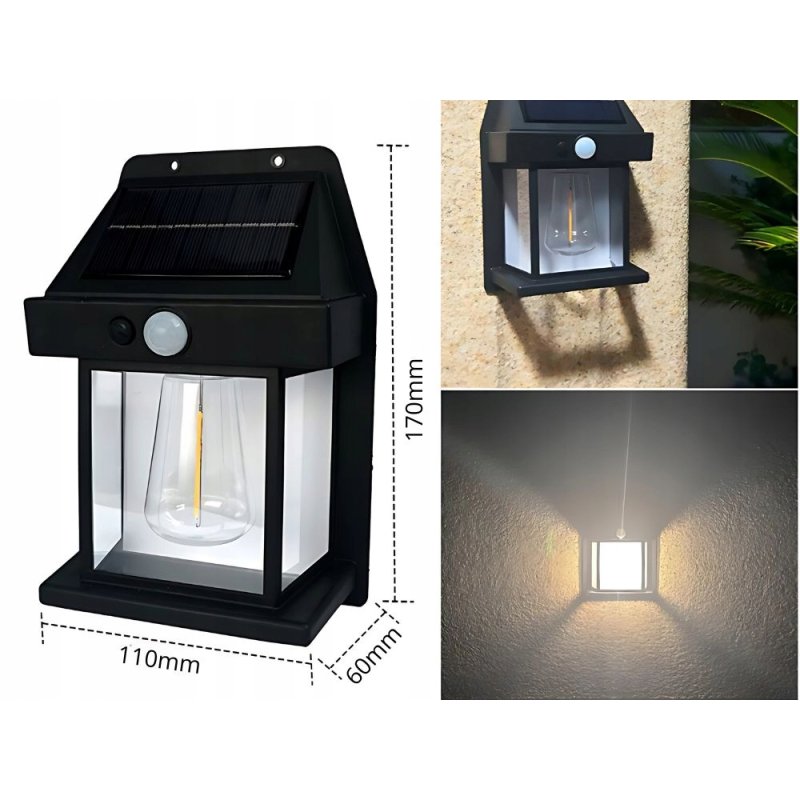 KINKIET SOLARNY Lampka ścienna SOLARNA z żarówką Filament LED ciepły z PIR