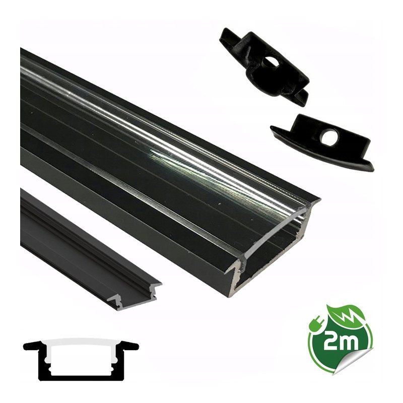 Zestaw PROFIL ALUMINIOWY czarny wpuszczany slim eko do taśm LED 2m + KLOSZ
