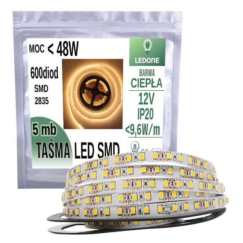 TAŚMA LED SMD 2835 600 5m ip20 BIAŁA CIEPŁA