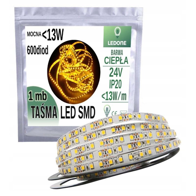 Taśma LED SMD 24V 13W 600 diod IP20 ciepła 1mb