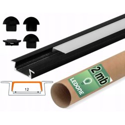 PROFIL aluminiowy WPUSZCZANY czarny + KLOSZ mleczny zaślepki 2m do led