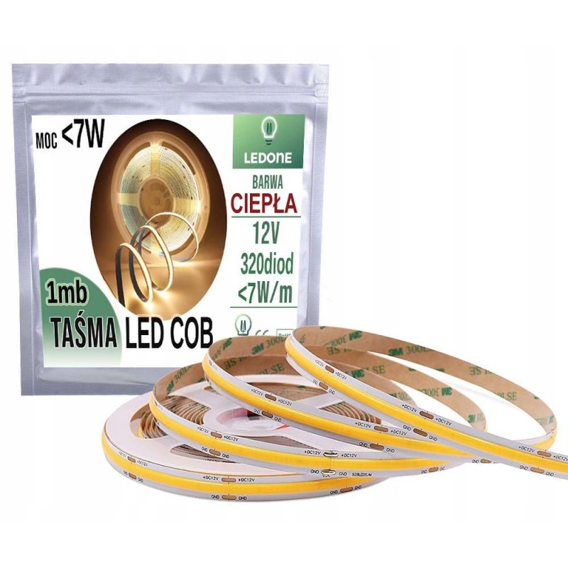 TAŚMA LED COB 12V 7W/mb NEON BARWA CIEPŁY 320diod 1m