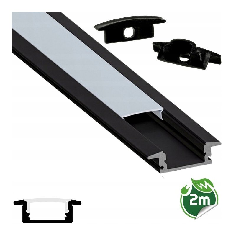 Zestaw PROFIL ALUMINIOWY czarny wpuszczany slim eko do taśm LED 2m + KLOSZ