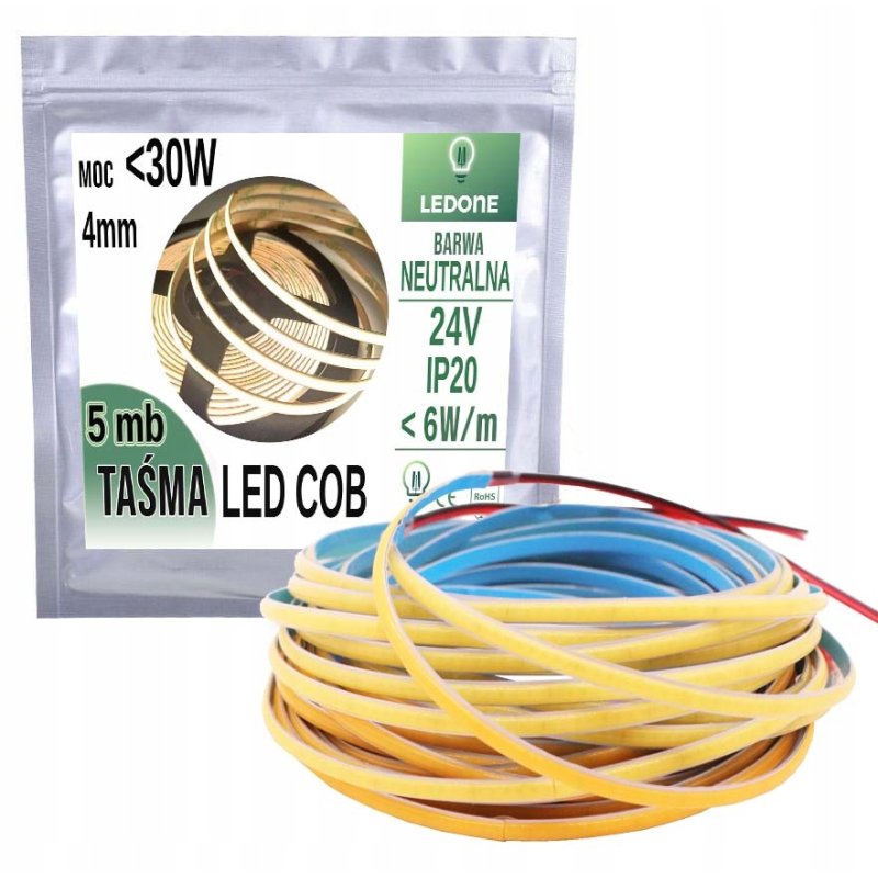 Taśma LED COB WĄSKA 4mm 24V neon linia biały neutral 5mb