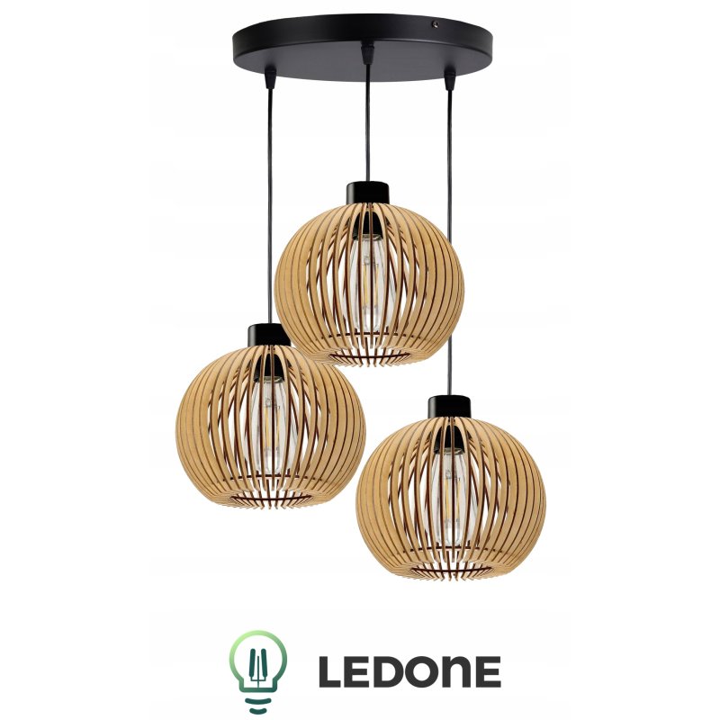 LAMPA WISZĄCA SUFITOWA DREWNIANA ŻYRANDOL POTRÓJNA REGULOWANA 3 KLOSZE