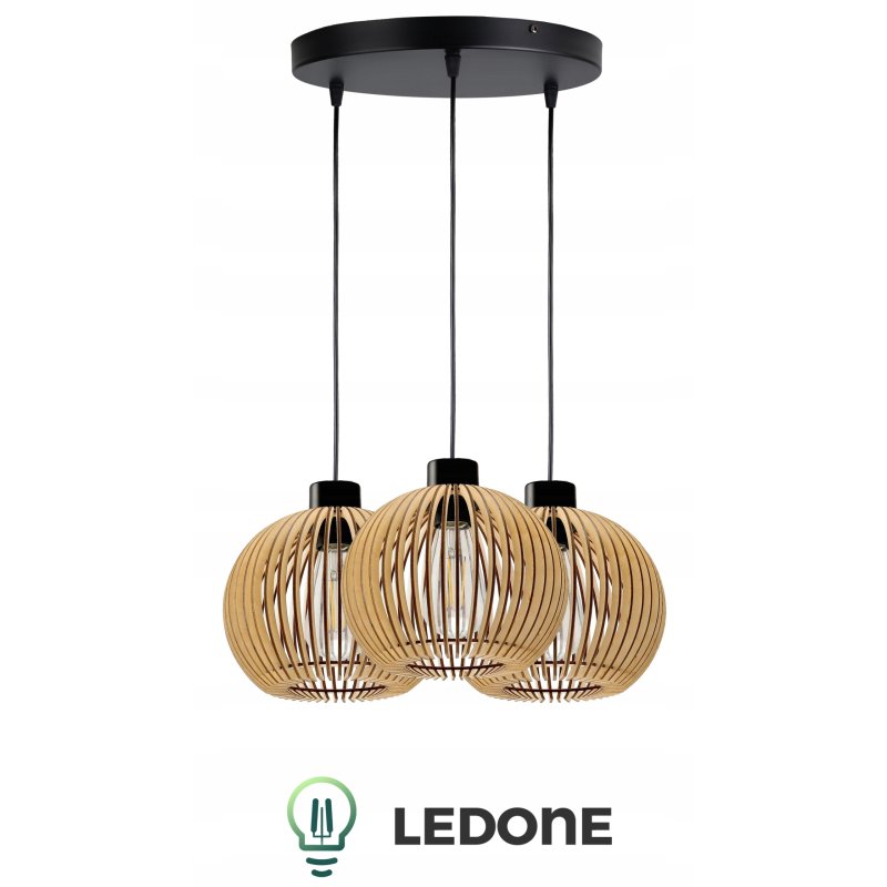 LAMPA WISZĄCA SUFITOWA DREWNIANA ŻYRANDOL POTRÓJNA REGULOWANA 3 KLOSZE