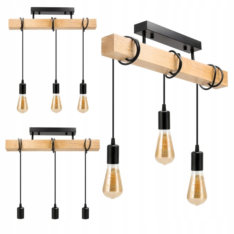 LAMPA drewniana belka wisząca sufitowa ŻYRANDOL ZWIS LOFT CZARNY na 3x E27
