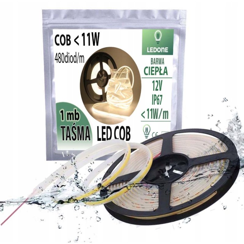 TAŚMA LED COB 12V 11w/m IP67 NEON linia CIEPŁA termococon wodoodporna 1MB