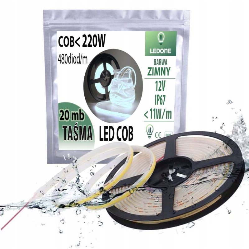 TAŚMA LED COB 12V 11w/m IP67 NEON linia ZIMNA termococon wodoodporna 20MB