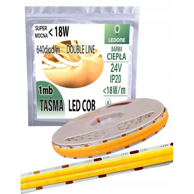 TAŚMA LED COB 24V super mocna 18w/m 1800 lm/m NEON linia DOUBLE ciepły 1M