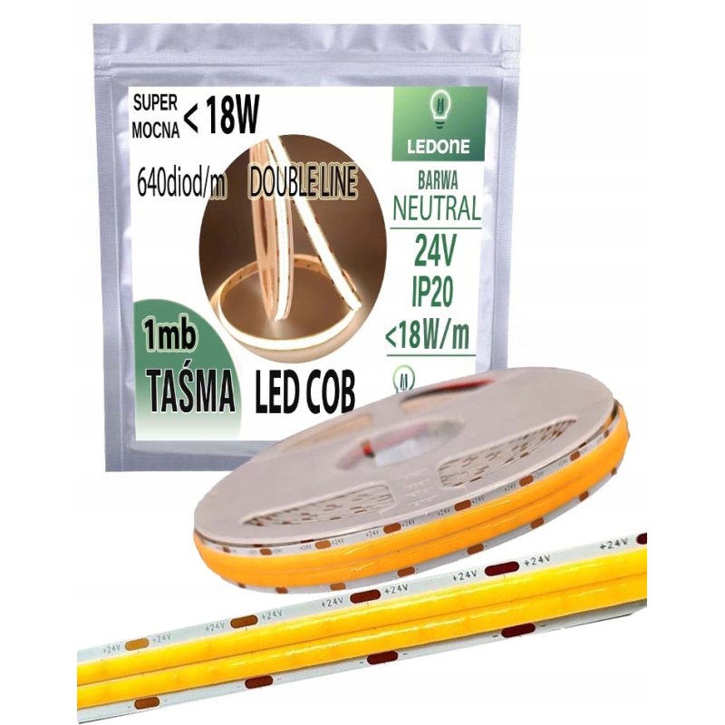 TAŚMA LED COB 24V super mocna 18w/m 1800 lm/m NEON linia DOUBLE neutral 1M