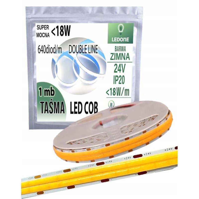 TAŚMA LED COB 24V super mocna 18w/m 1800 lm/m NEON linia DOUBLE zimny 1M