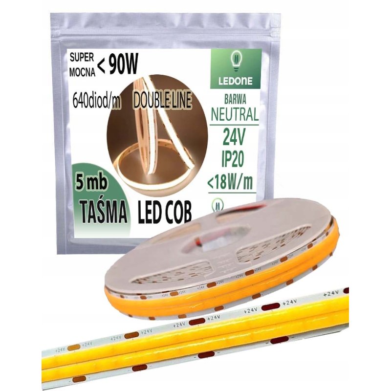 TAŚMA LED COB 24V super mocna 18w/m 1800 lm/m NEON linia DOUBLE neutral 5M