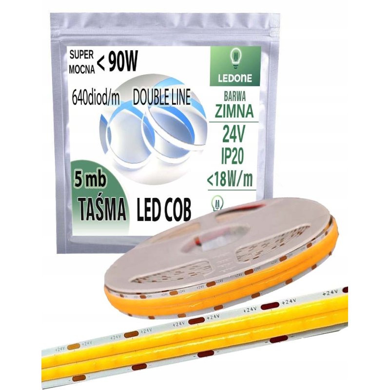 TAŚMA LED COB 24V super mocna 18w/m 1800 lm/m NEON linia DOUBLE zimny 5M