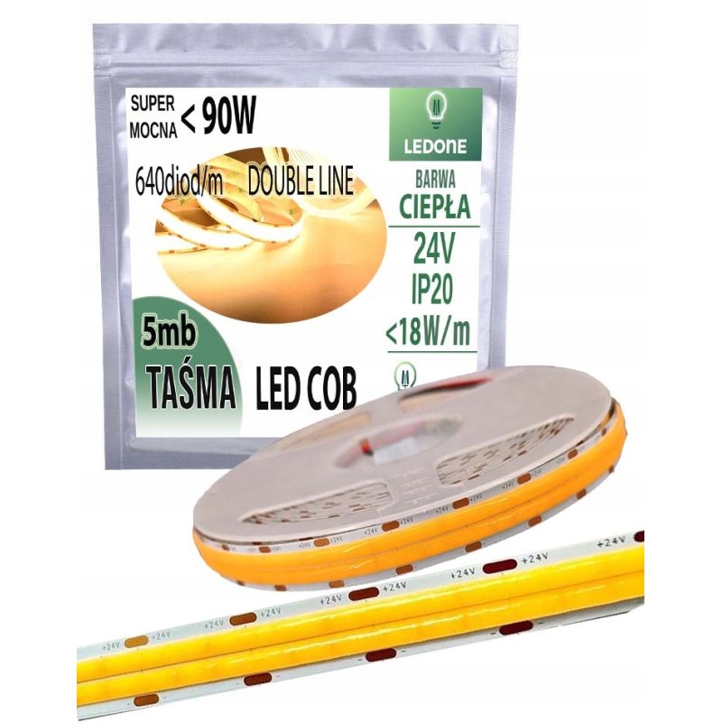 TAŚMA LED COB 24V super mocna 18w/m 1800 lm/m NEON linia DOUBLE ciepły 5M