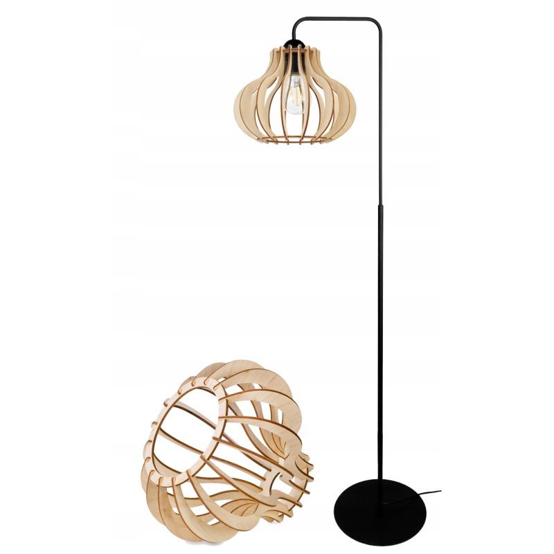 Lampa stojąca podłogowa loft na led E27 stała gięta z kloszem drewno 150cm