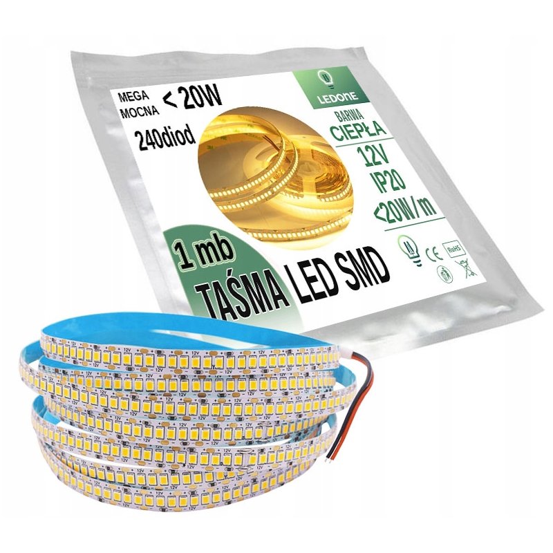 MEGA mocna Taśma 240 diod/m LED 12V smd2835 IP20 barwa ciepła 1mb