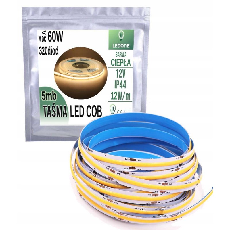 TAŚMA LED COB 12V 12w/m ip44 NEON CIEPŁA 5m LINIA
