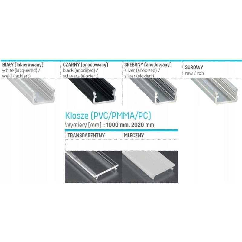 PROFIL ALUMINIOWY NAWIERZCHNIOWY typ A biały do taśm LED 1m + KLOSZ