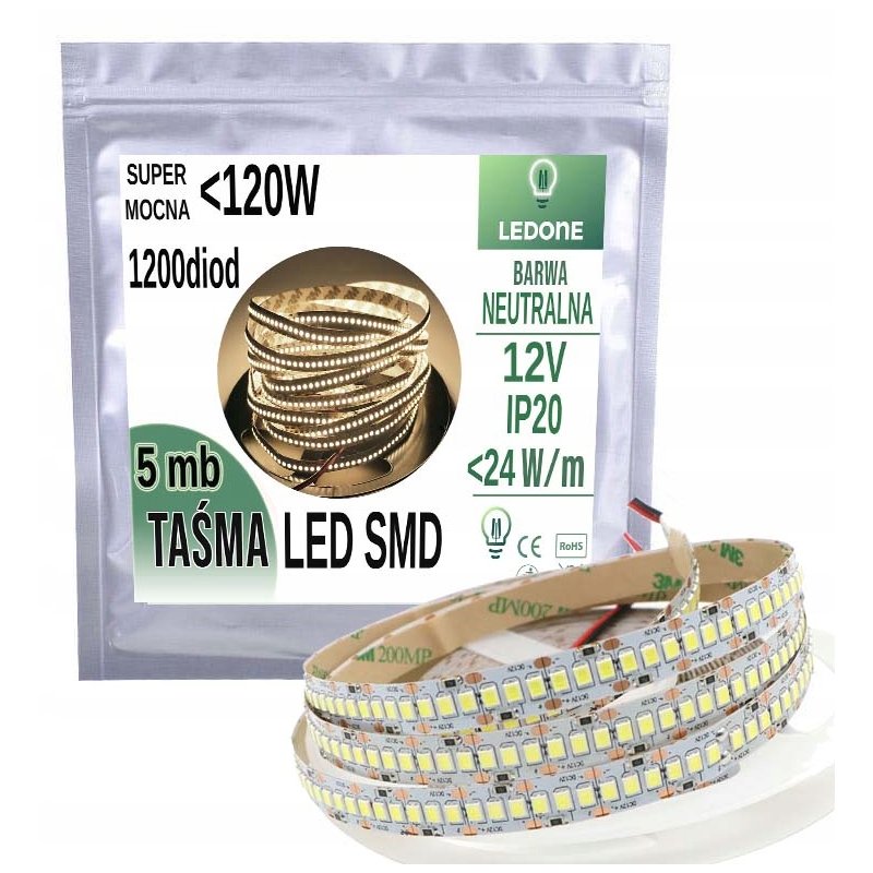 SUPER MOCNA Taśma LED PREMIUM 12V SMD2835 IP20 barwa NEUTRALNA 1200d 5mb