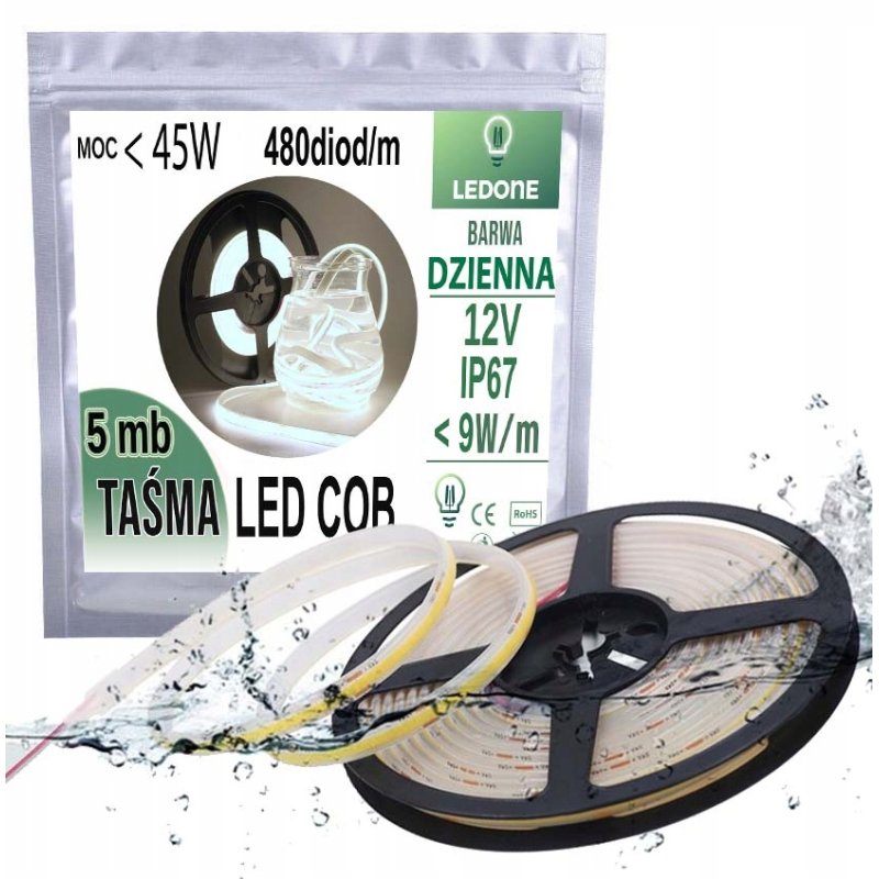 TAŚMA termococon LED COB 12V WODOODPORNA IP67 NEUTRALNY LINIA ŚWIATŁA DW 5M