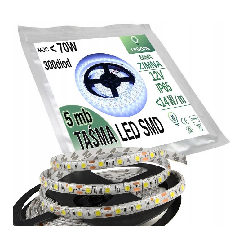 TAŚMA 300 LED 5050 SMD 5m BIAŁA ZIMNA Wodoodporna