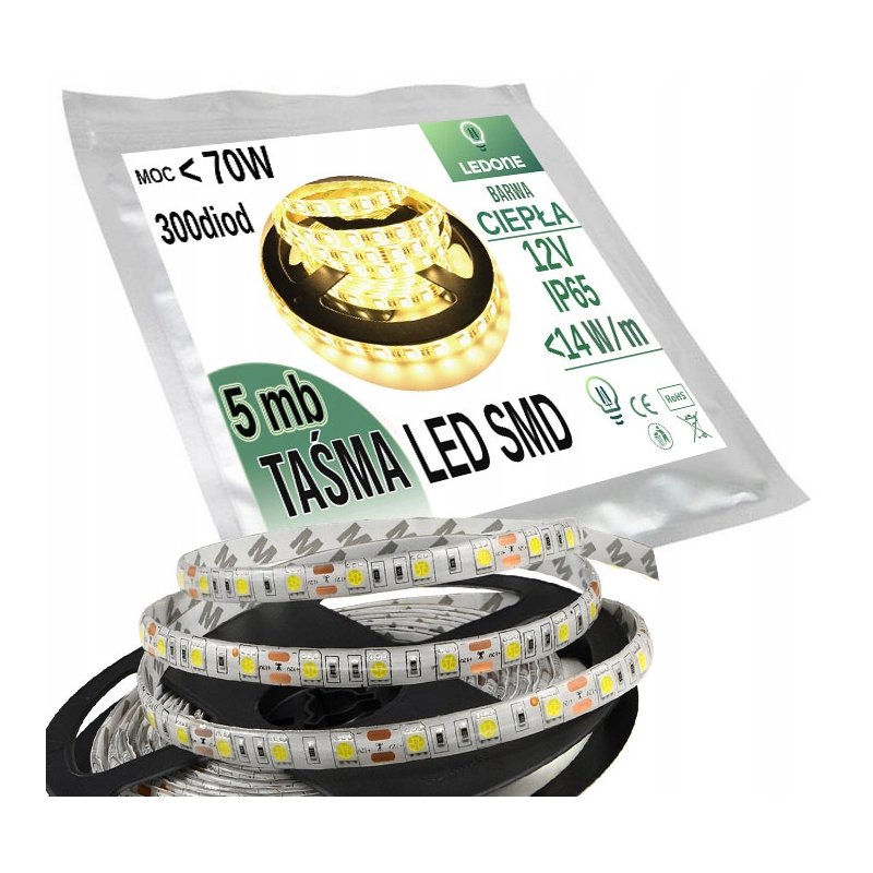 TAŚMA 300 LED 5050 SMD 5m BIAŁA CIEPŁA Wodoodporna