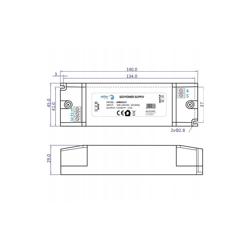 ZASILACZ MEBLOWY MINI 12V 3A 36W IP20 do taśm led