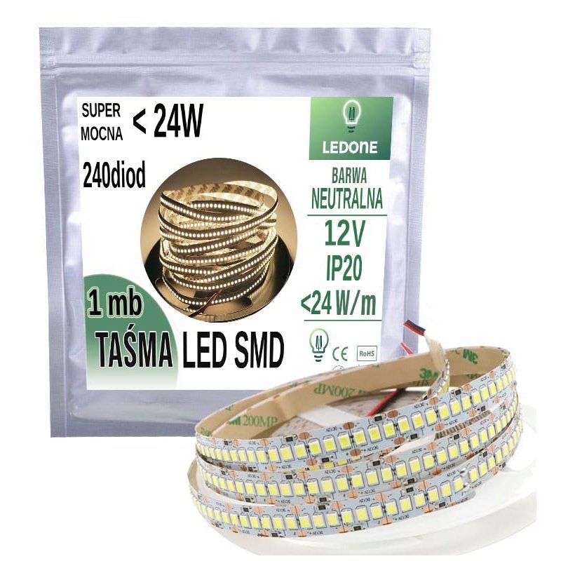 TAŚMA LED SUPER MOCNA PREMIUM 12V smd 2835 IP20 240diod/m NEUTRALNA 1m