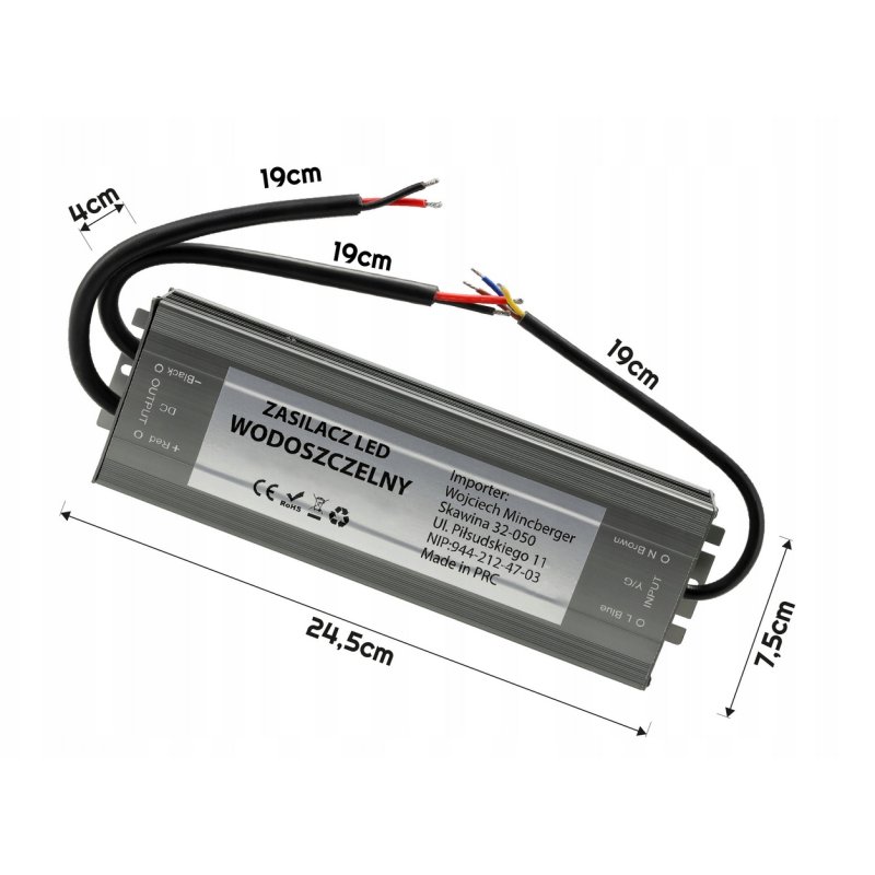 Zasilacz 24V 300W 12,5A wodoodporny taśm LED IP67 hermetyczny metal