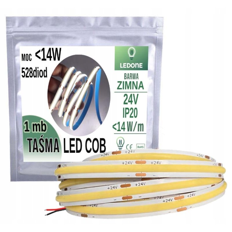 Taśma LED COB MOCNA 24V 528 diod/m 14W na 1m barwa biała ZIMNA PRO