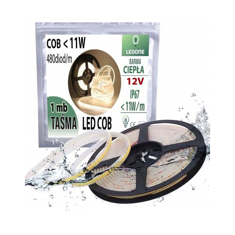 TAŚMA LED COB 12V 11w/m IP67 NEON linia CIEPŁA termococon wodoodporna 1MB