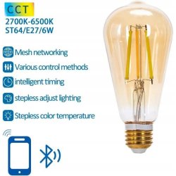 Żarówka SMART inteligentna LED FILAMENT E27 ST64 Vintage 6W CCT Bluetooth