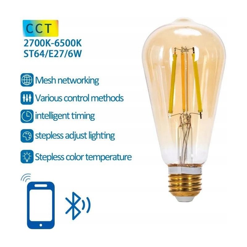 Żarówka SMART inteligentna LED FILAMENT E27 ST64 Vintage 6W CCT Bluetooth