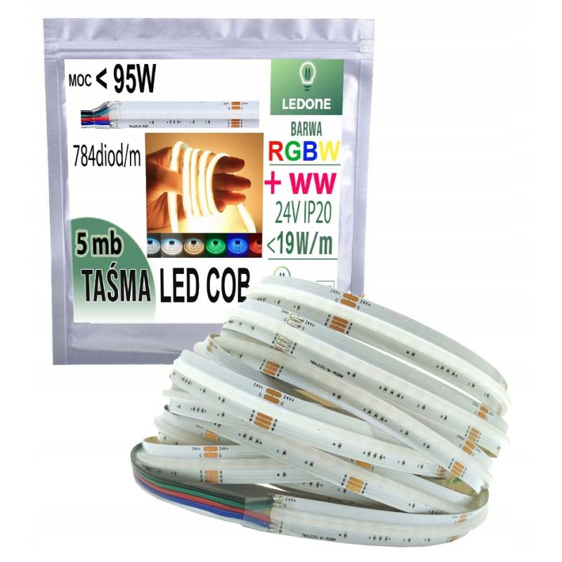 Taśma LED COB 784diod linia światła RGBW + WW CIEPŁA 24V 19w/m 5mb