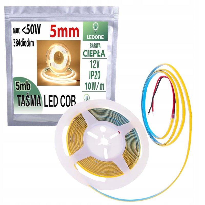 Taśma LED COB 5mm 12V 384diod/m neon linia ŚWIATŁA BIAŁY CIEPŁY 5mb