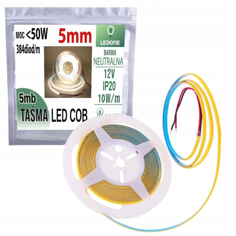 Taśma LED COB 5mm 12V 384diod/m neon linia ŚWIATŁA BIAŁY NEUTRALNY 5mb