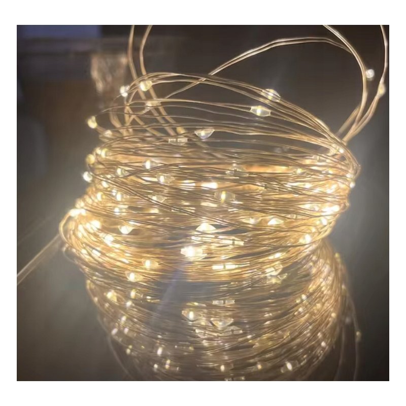 Lampki choinkowe CIEPŁE sznur DRUCIK 100 LED 10m biały ciepły na baterie AA