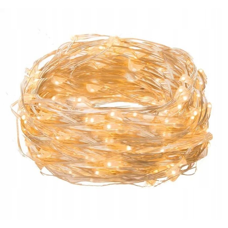 Lampki choinkowe CIEPŁE sznur DRUCIK 100 LED 10m biały ciepły na baterie AA