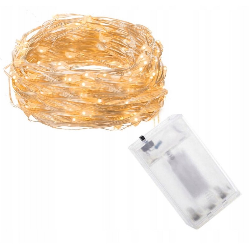 Lampki choinkowe CIEPŁE sznur DRUCIK 100 LED 10m biały ciepły na baterie AA