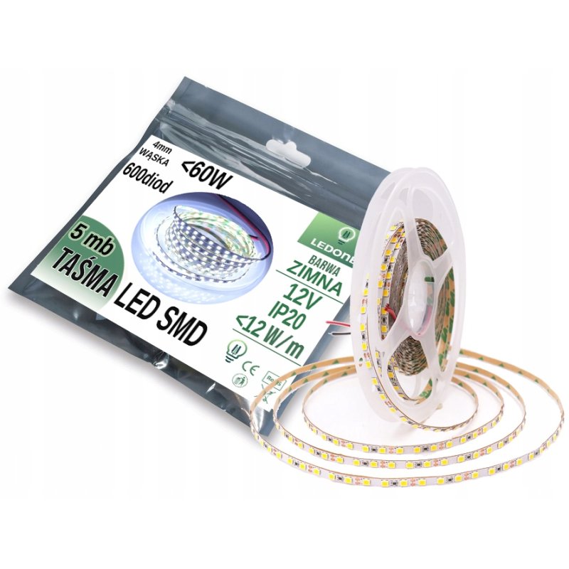 SUPER WĄSKA Taśma LED PREMIUM 4mm 2835 600 IP20 5m barwa zimna