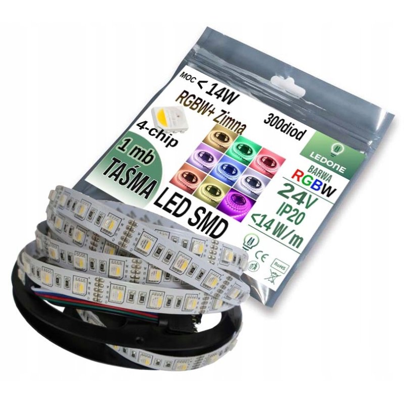 TAŚMA LED PREMIUM RGBW + CW zimna 4in1 4-chip SMD 5050 IP20 24V 1m