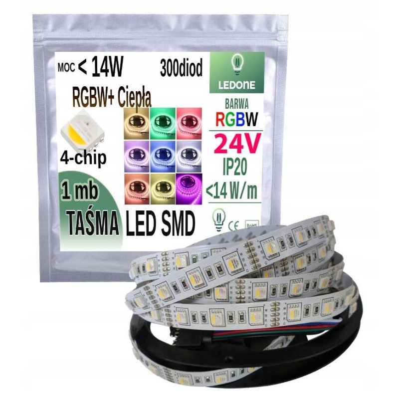 TAŚMA LED PREMIUM RGBW + WW / ciepła 4chip 4in1 5050 IP20 24V 1m